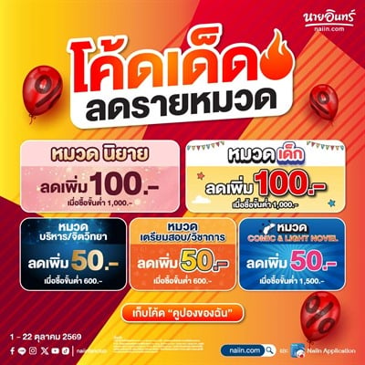  โค้ดลดเฉพาะหมวด ลดกว่า 10% หมวด มังงะ / นิยาย / เด็ก / บริหารจิตวิทยา / วิชาการ